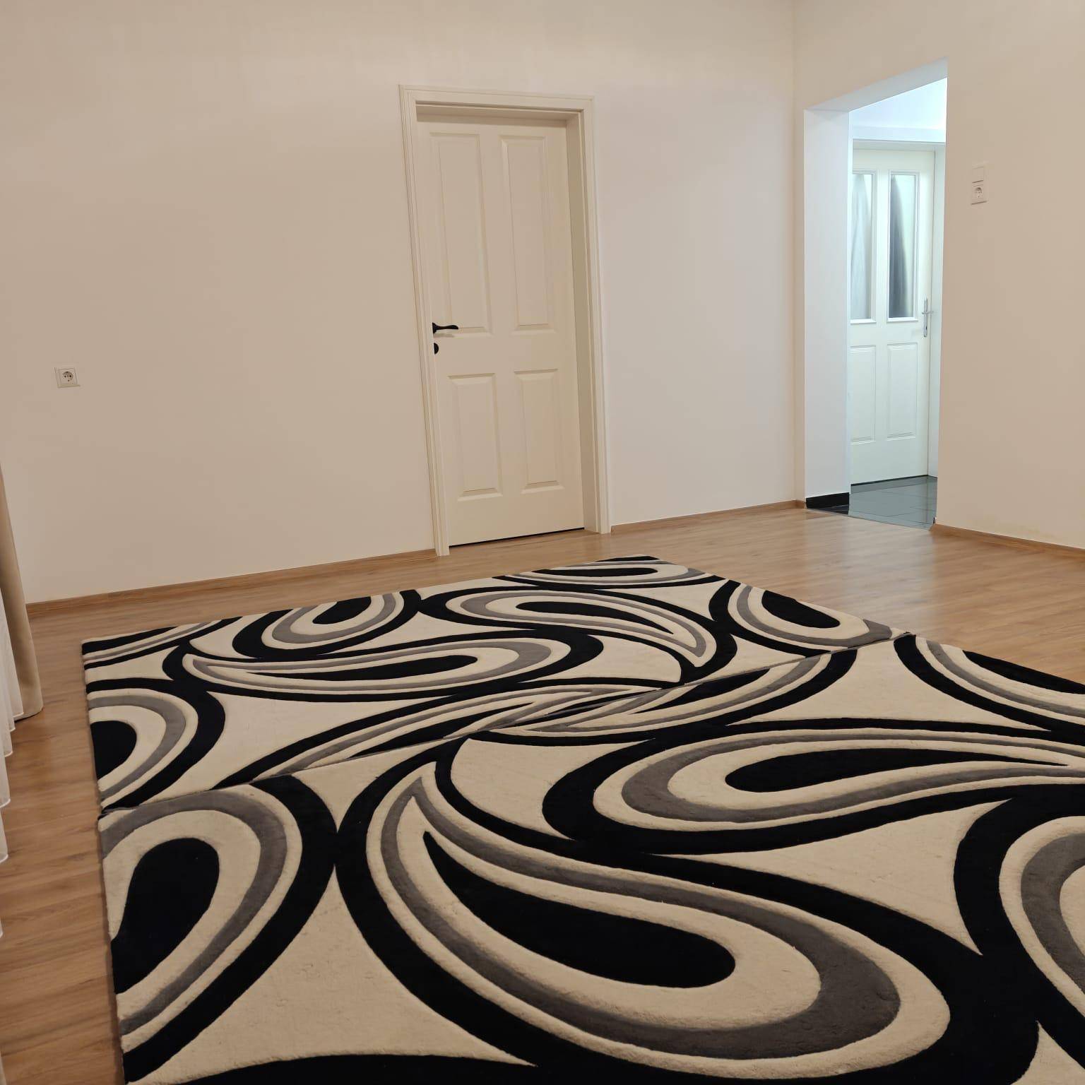 Geräumiges Zimmer mit hellem Laminatboden und einem großen, gemusterten Teppich.