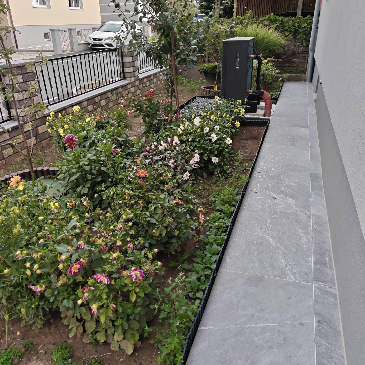 Bunter Blumengarten mit verschiedenen Pflanzen und einem gepflasterten Weg neben dem Haus.