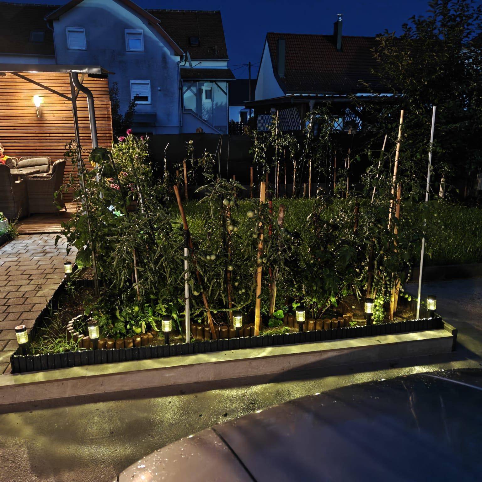 Beleuchtetes Hochbeet mit Gemüsepflanzen und Solarleuchten entlang eines gepflasterten Weges im Garten.
