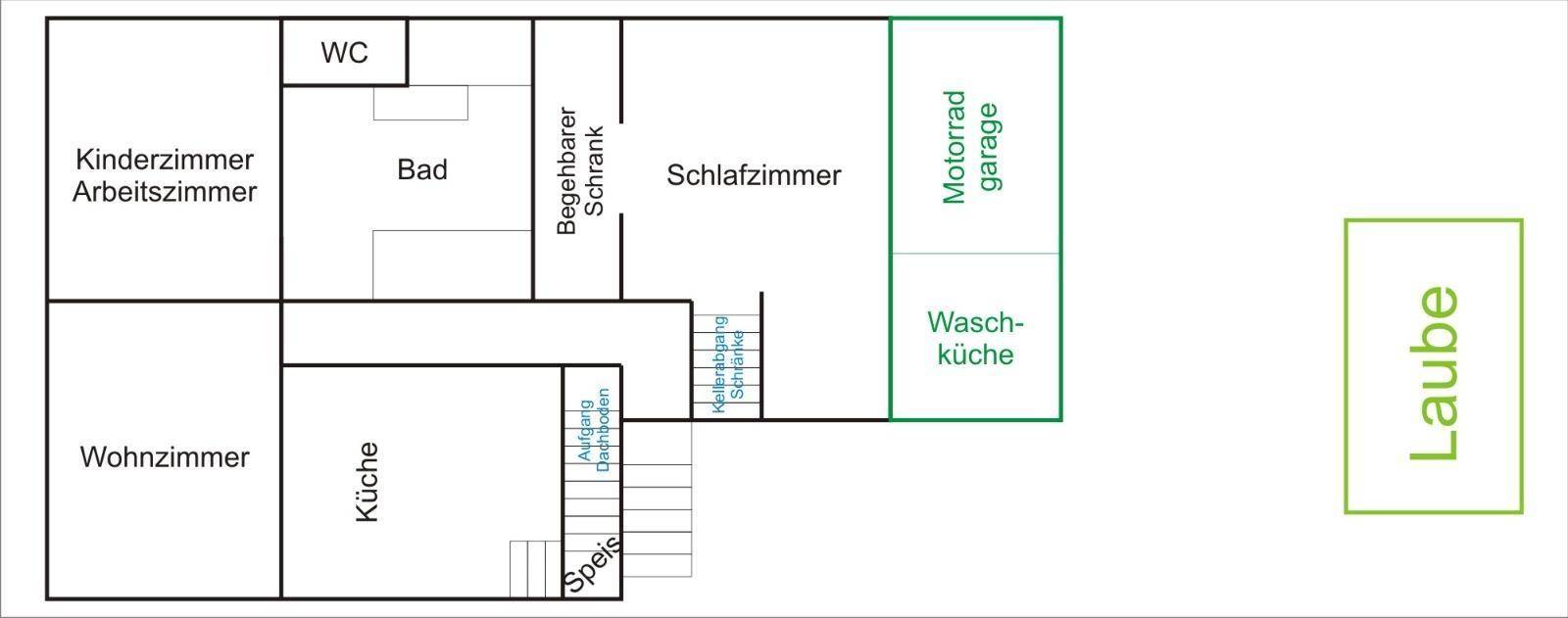 Grundriss zeigt die Aufteilung einer Wohnung mit Wohnzimmer, Küche, Schlafzimmer und Garage.