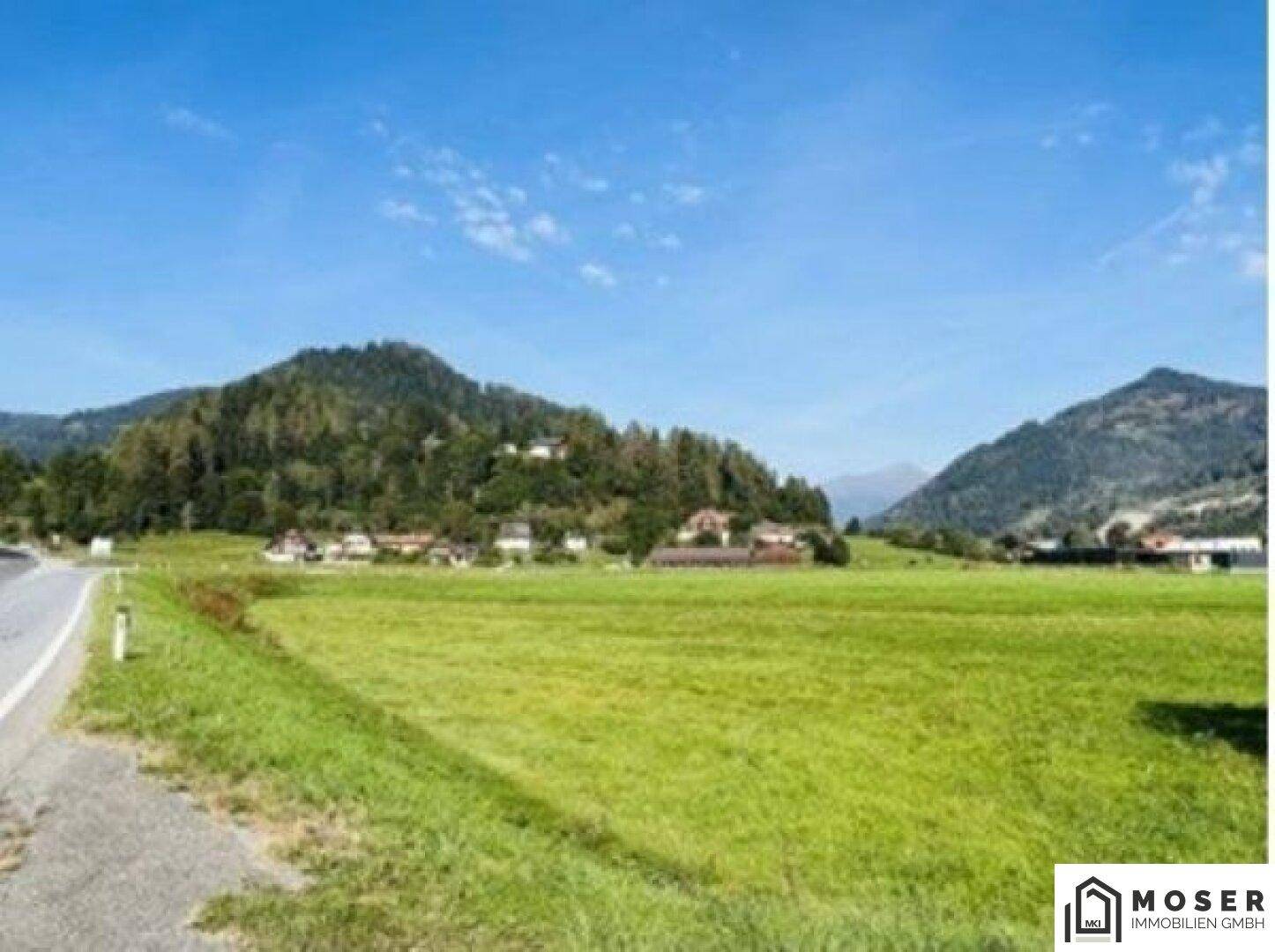 Grüne Landschaft mit einer Straße, Häusern und Bergen im Hintergrund unter klarem Himmel.