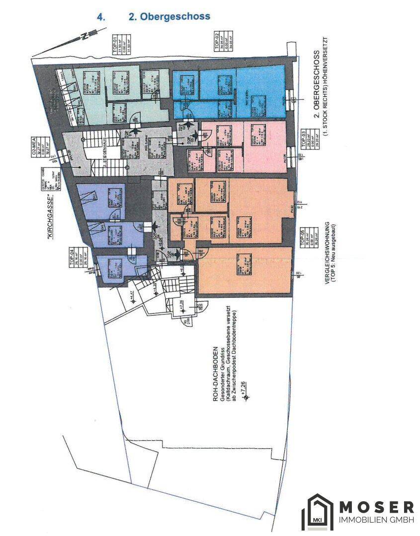 Grundriss des zweiten Obergeschosses mit mehreren Wohneinheiten und Dachbodenbereich.
