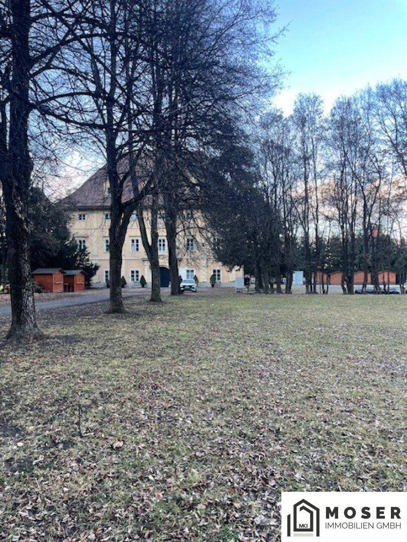 Historisches Gebäude von einer weiten Wiese aus gesehen, umgeben von hohen Bäumen.