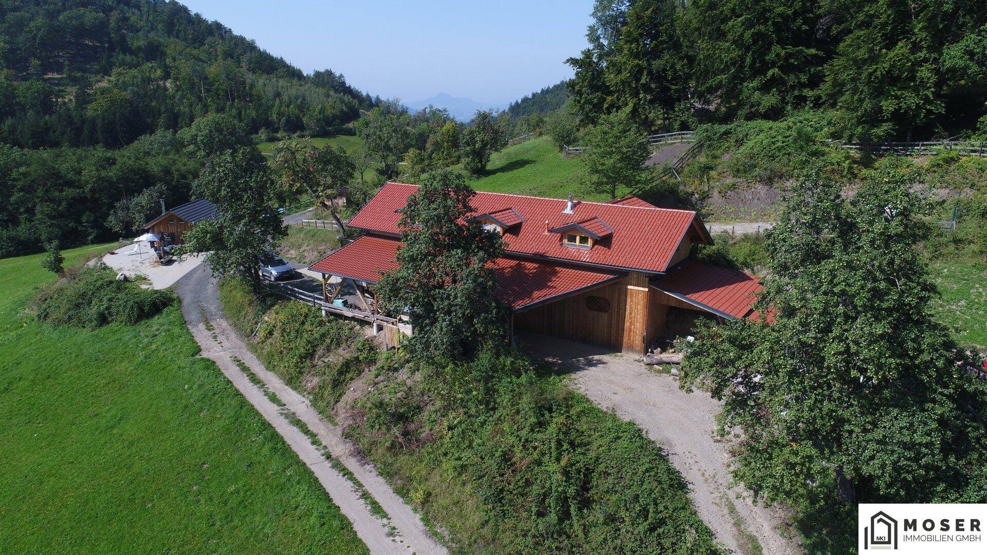 Luftaufnahme des Haupthauses mit rotem Ziegeldach und Holzfassade, umgeben von Bäumen und einem Feldweg.