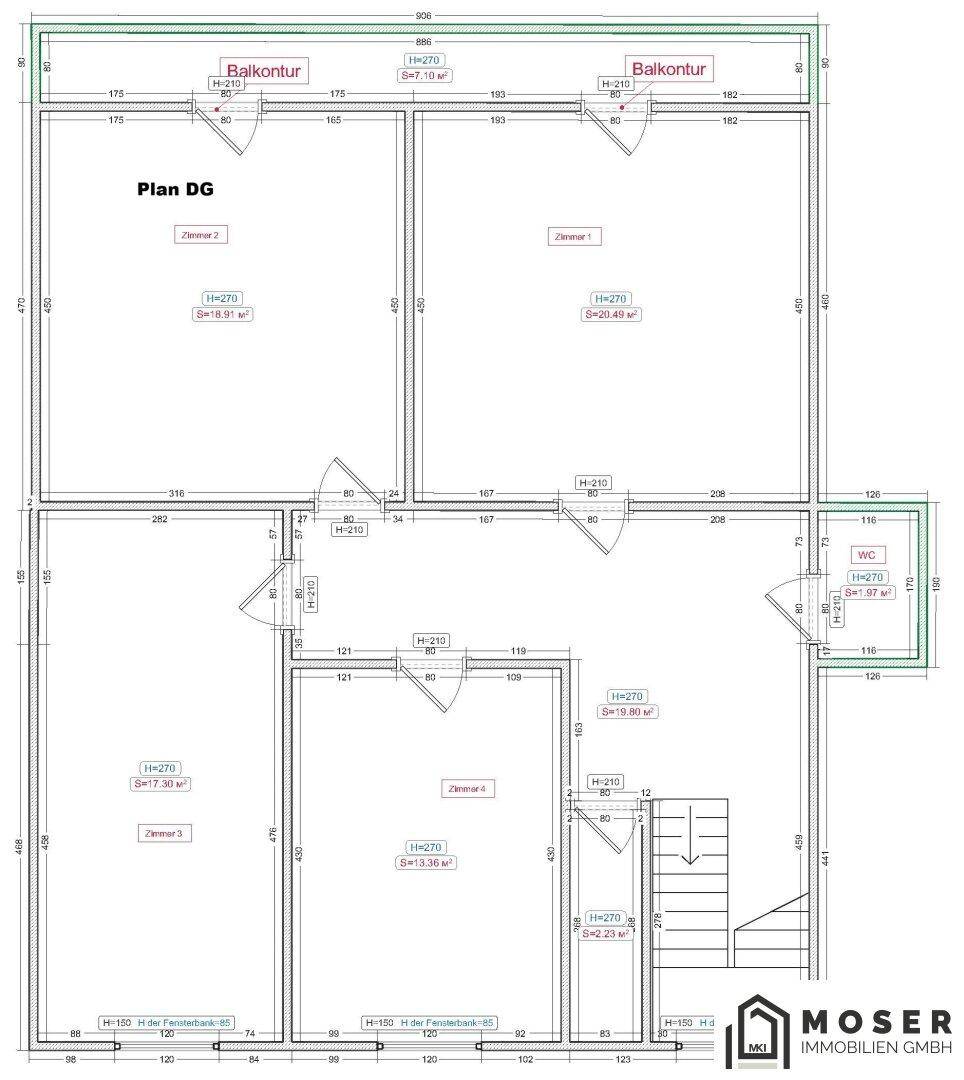 Grundriss des Dachgeschosses mit Zimmern, Balkonzugang und separatem WC.