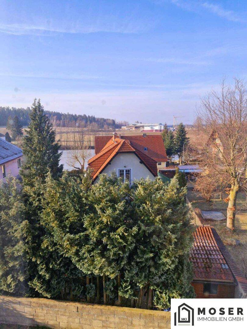 Blick über Dächer und Bäume auf eine ländliche Umgebung mit einem See im Hintergrund.