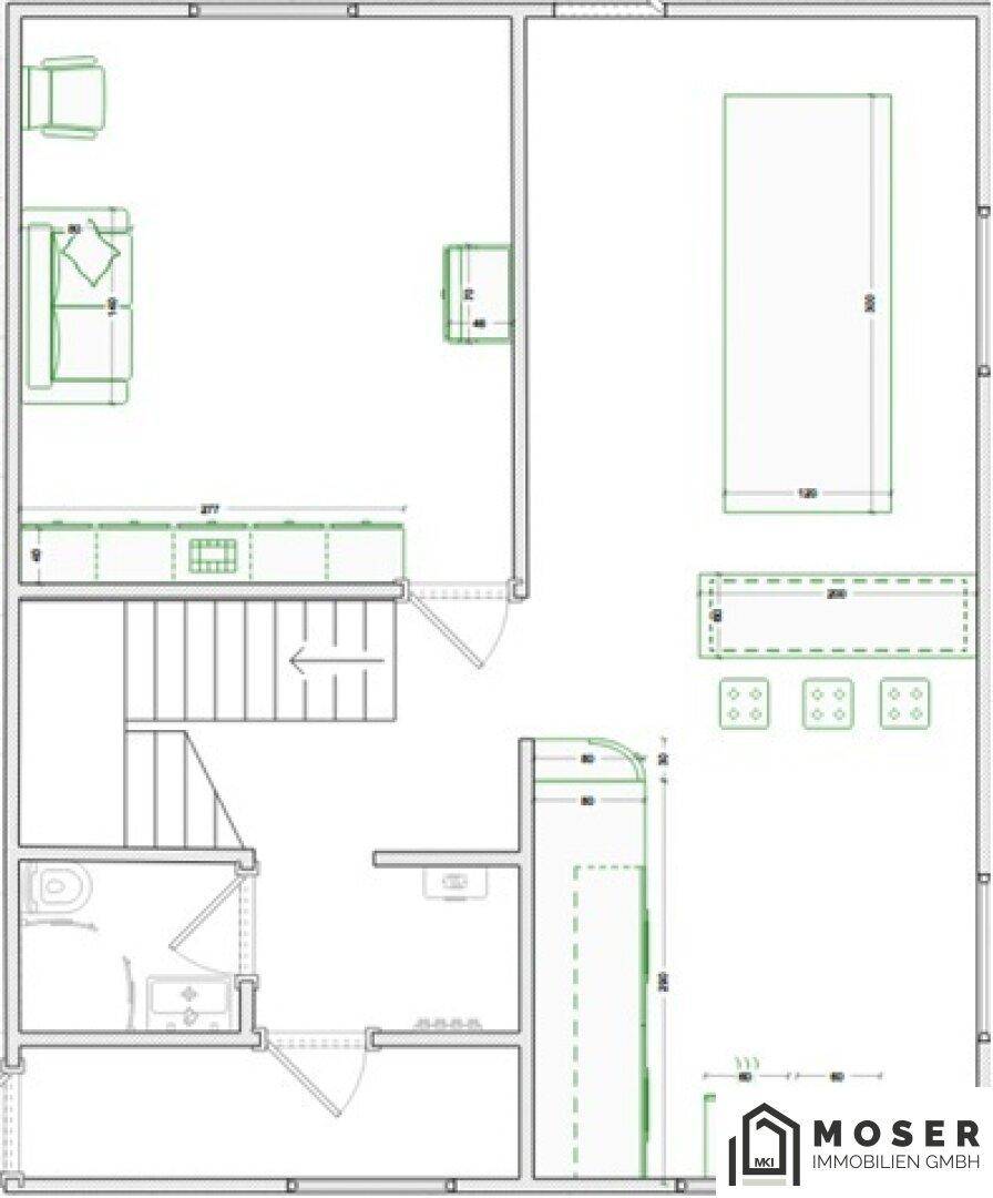 Grundriss des Erdgeschosses mit offenem Wohnbereich, Küche, Treppe und Badezimmer.