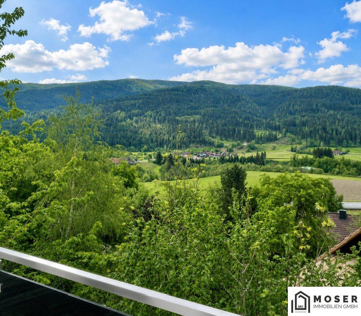 Weitläufiger Blick über die grüne Hügellandschaft und Wälder von der Terrasse.