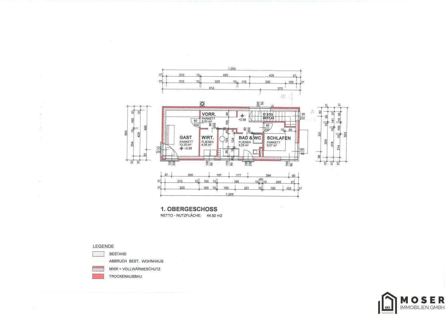 Grundriss des ersten Obergeschosses mit Schlafzimmer, Gästezimmer und Bad/WC.