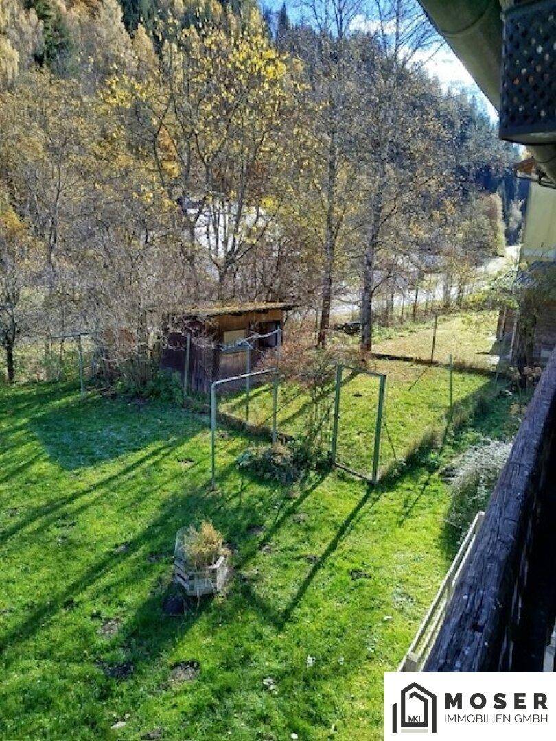 Blick von oben auf einen grünen Gartenbereich mit kleinem Schuppen und Bäumen.