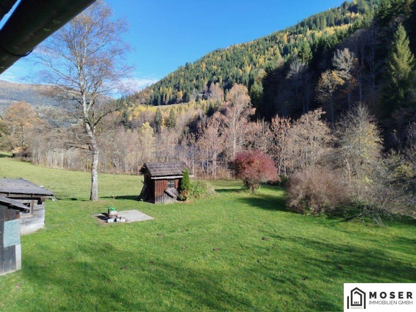 Weitläufiger Gartenbereich mit Rasenfläche, kleinem Holzschuppen und Bergblick an einem sonnigen Tag.