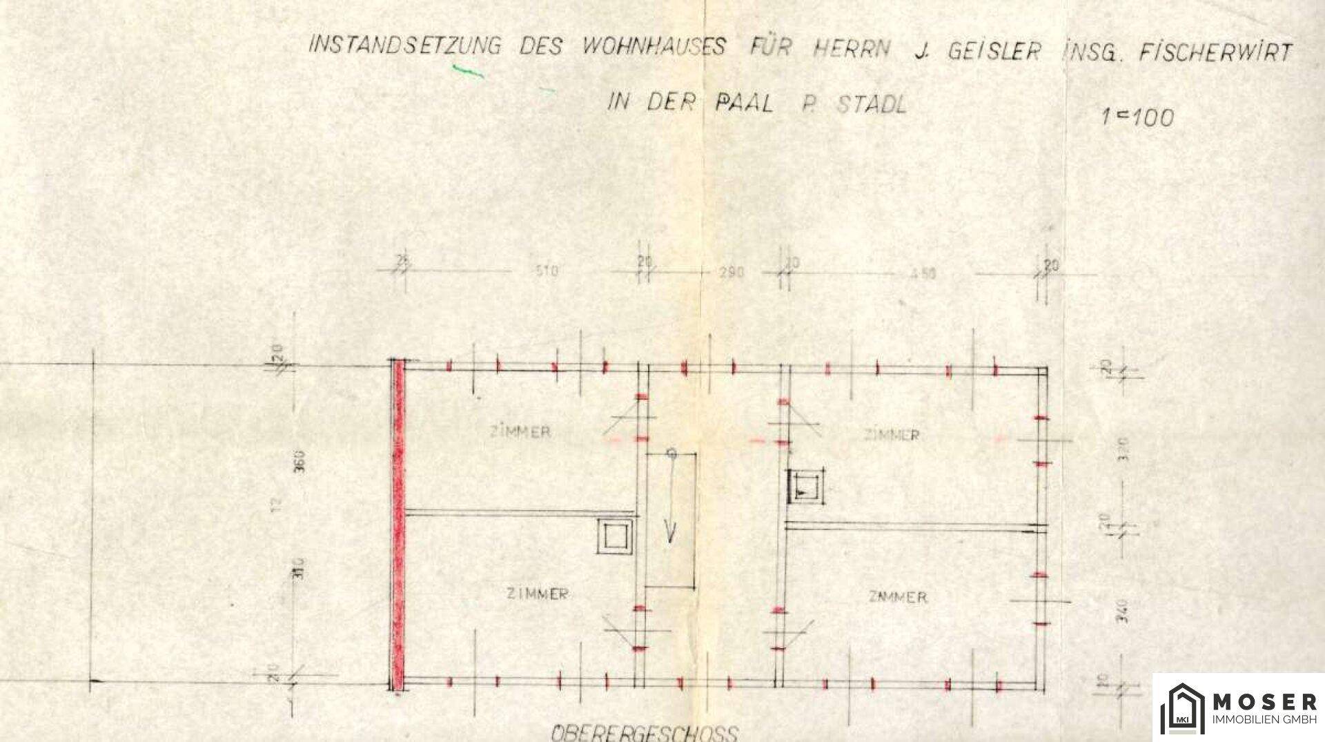Grundriss des Obergeschosses mit Raumaufteilung und Bemaßungen.