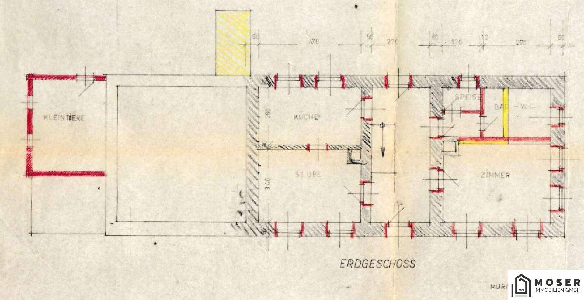 Grundriss des Erdgeschosses mit Küche, Stube, Zimmer und Bad/WC.