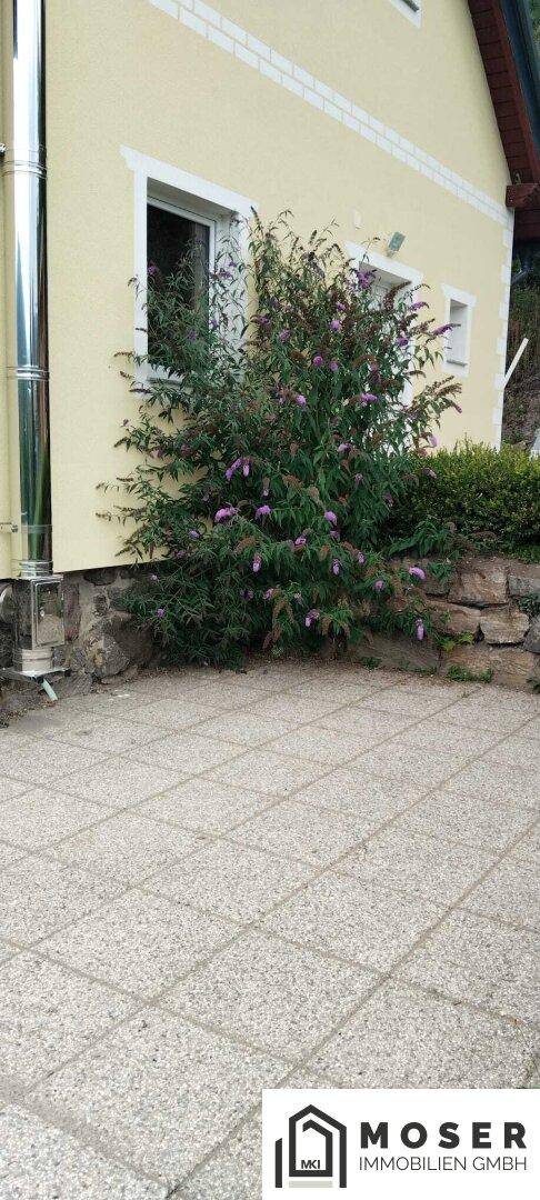 Gepflasterter Bereich neben dem Haus mit blühendem Busch.