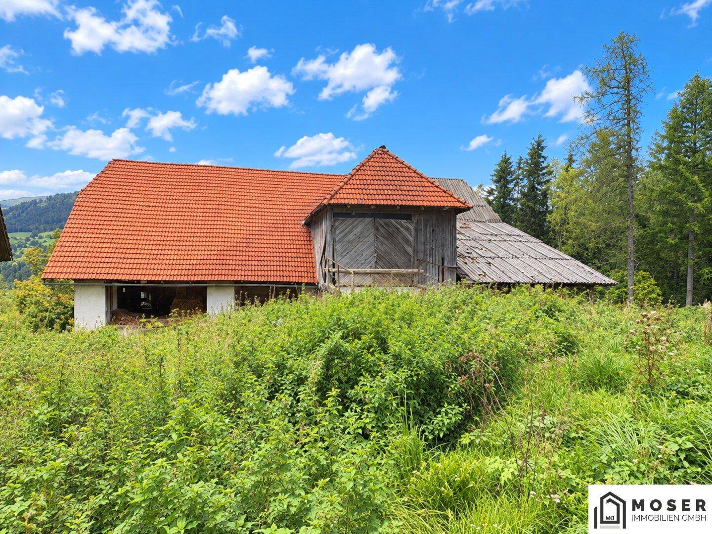 Rustikales altes Bauernhaus mit rotem Ziegeldach und Holzanbauten, umgeben von üppiger Vegetation.