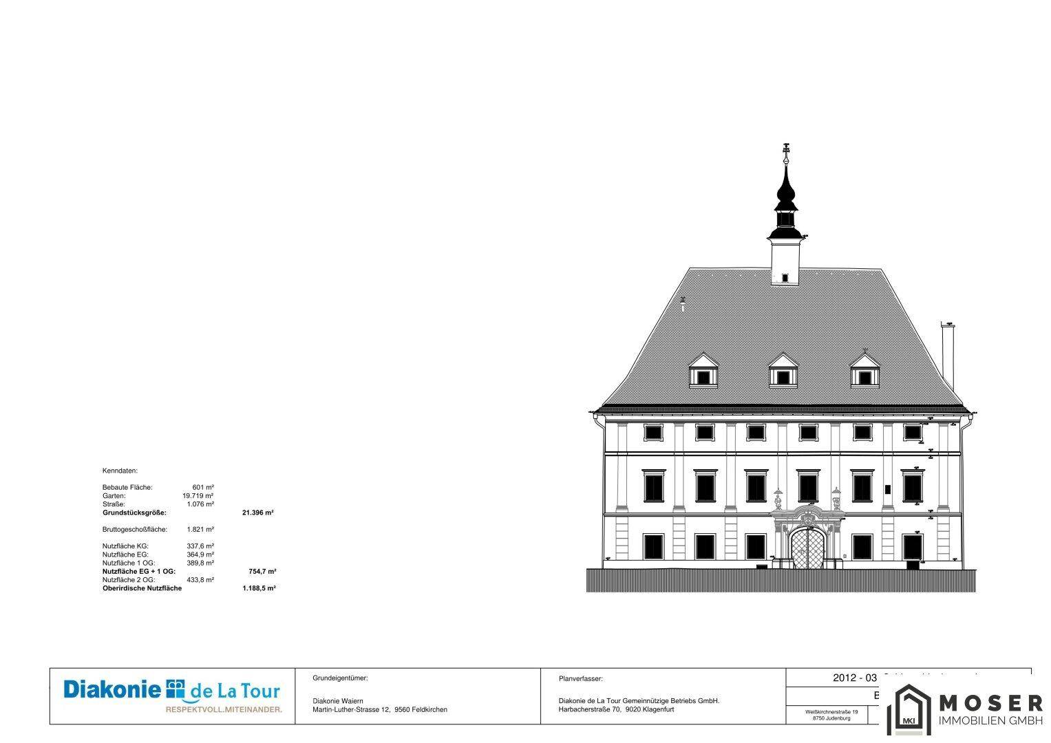 Architektonische Zeichnung der Gebäudefassade mit detaillierten Flächenangaben und einem Turm.