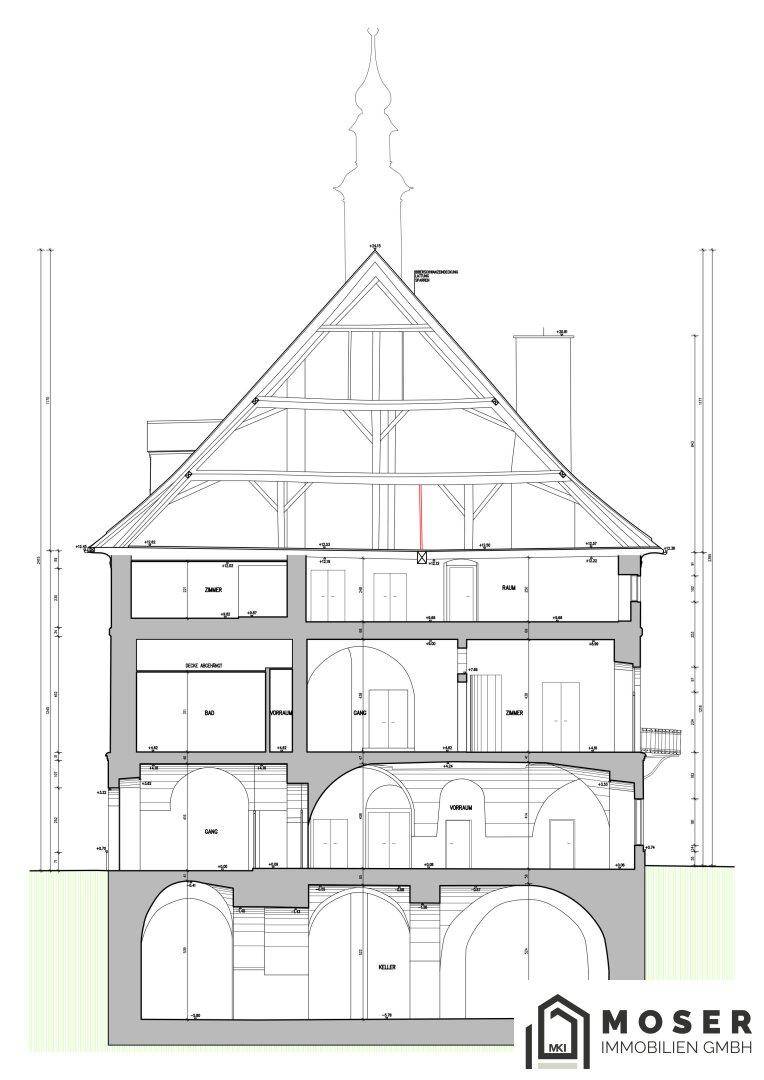 Architektonischer Querschnitt des Gebäudes mit sichtbaren Geschossen, Dachstuhl und Kellergewölben.