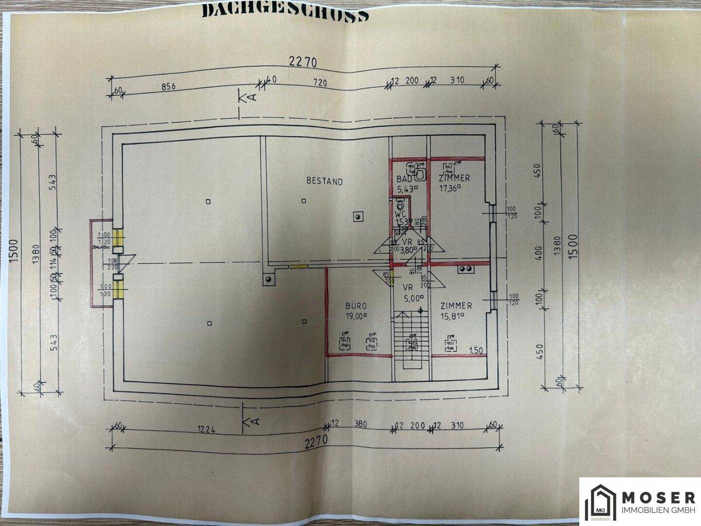 Grundriss des Dachgeschosses mit Zimmern, Bad und Büroflächen.