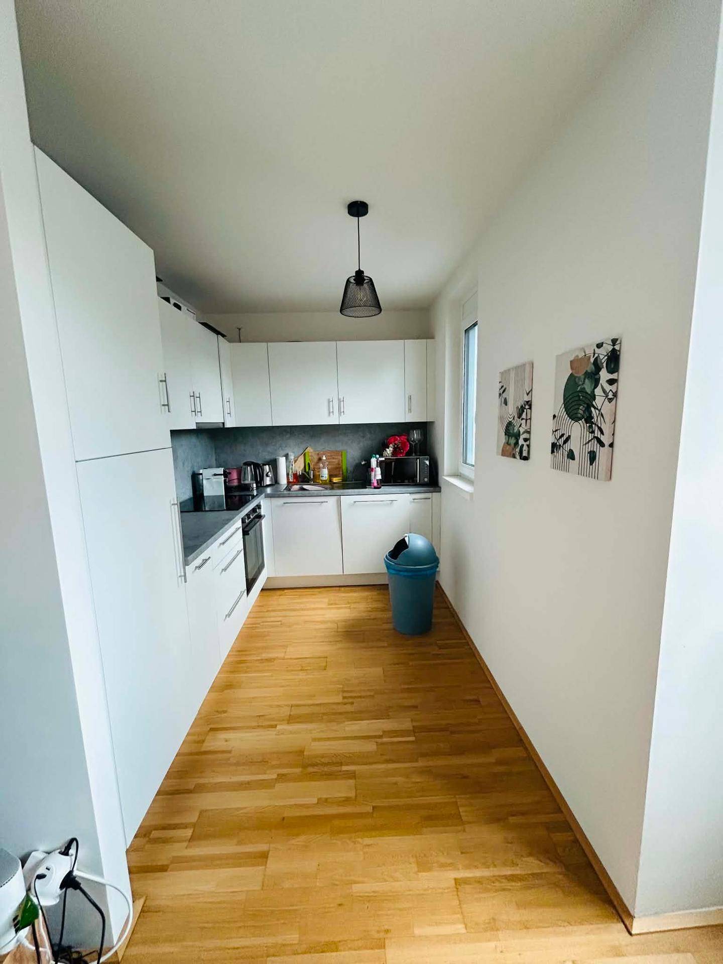 Schmale, moderne Küche mit weißen Schränken, dunkler Arbeitsplatte und Holzboden.
