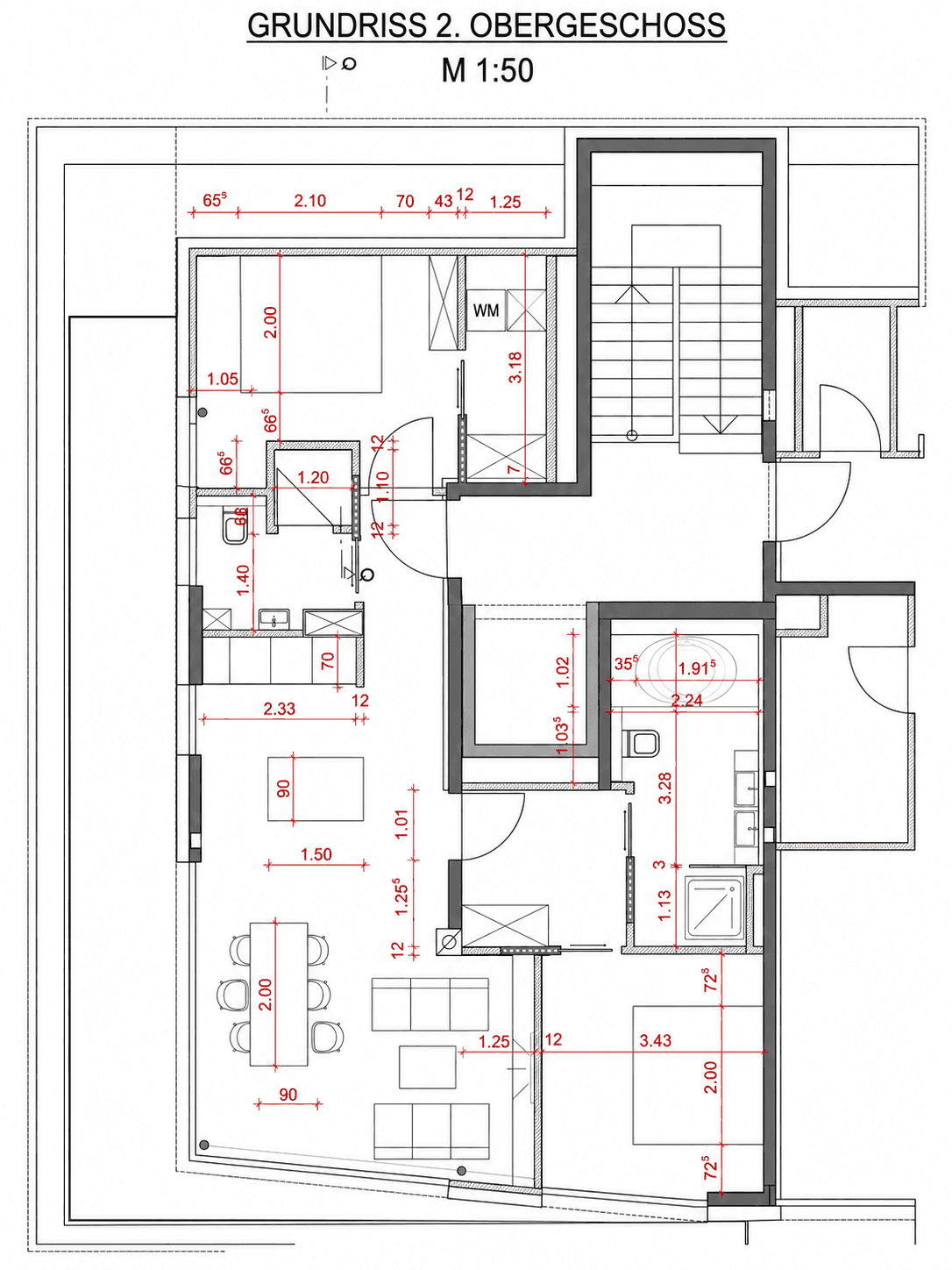 Grundriss des 2. Obergeschosses mit mehreren Zimmern, Bädern und einem offenen Wohnbereich.