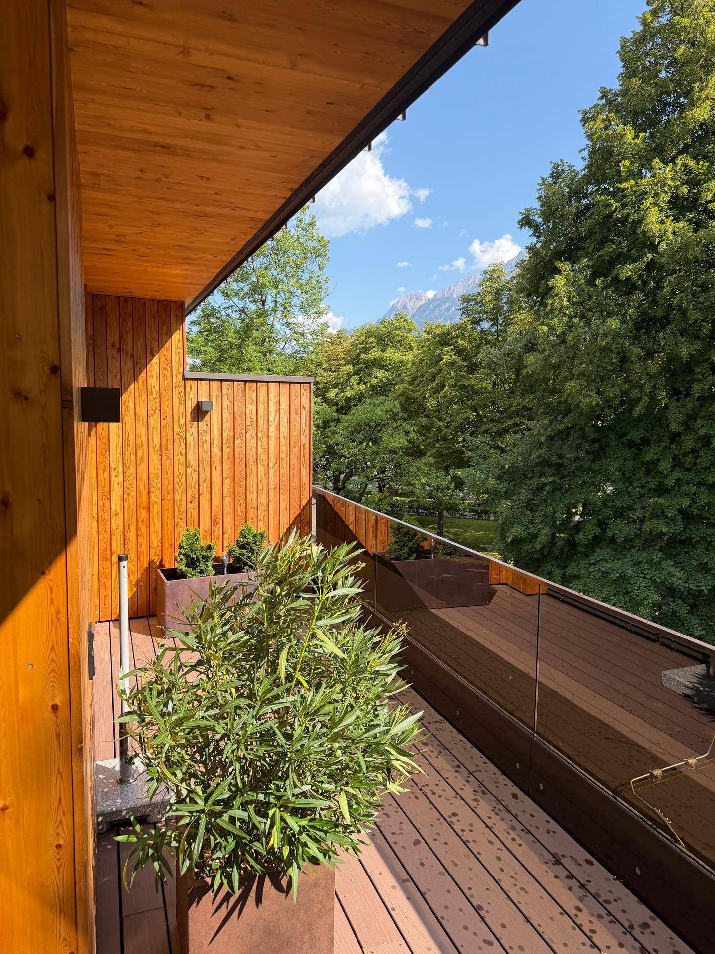 Sonniger Balkon mit Holzverkleidung, Glasgeländer und weitem Blick auf Bäume und Berge.