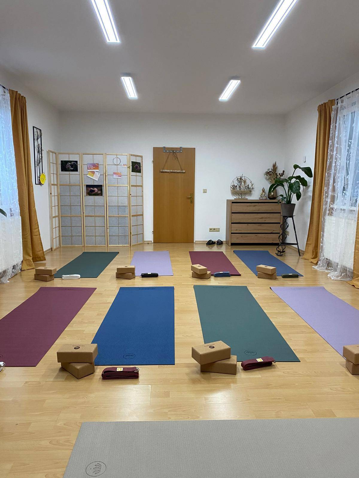 Großer Mehrzweckraum mit mehreren Yogamatten und Blöcken auf Holzboden, ideal für Gruppenaktivitäten und Kurse.