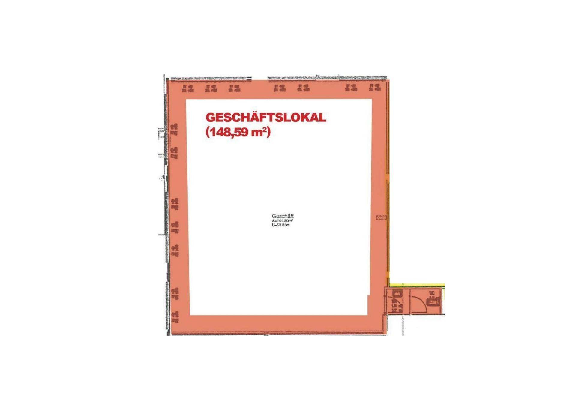 Grundriss eines Geschäftslokals mit einer Fläche von 148,59 m², zeigt die Raumaufteilung und Fensterfronten.