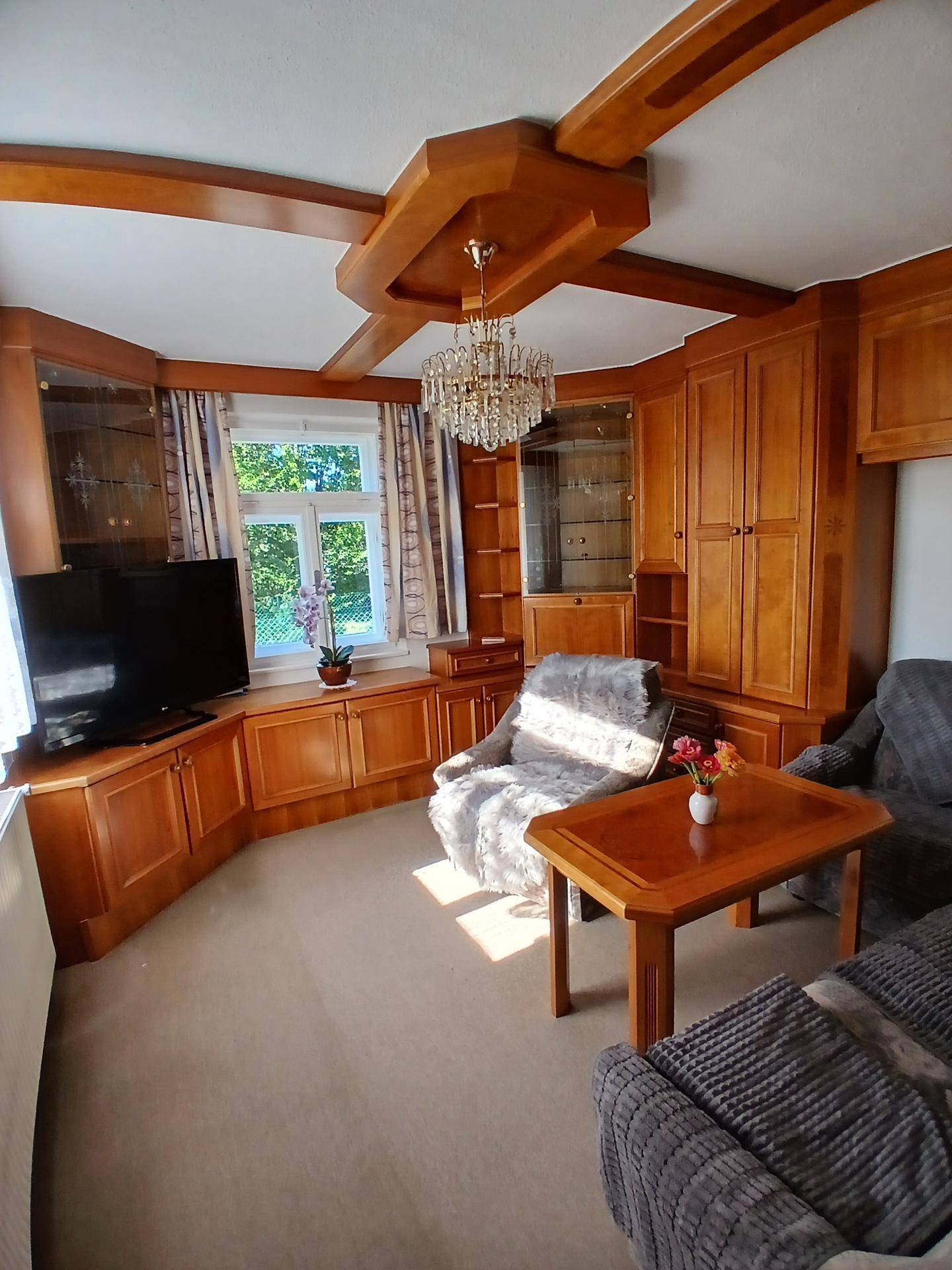 Gemütliches Wohnzimmer mit Holzvertäfelung, Teppichboden und einem Kronleuchter an der Decke.