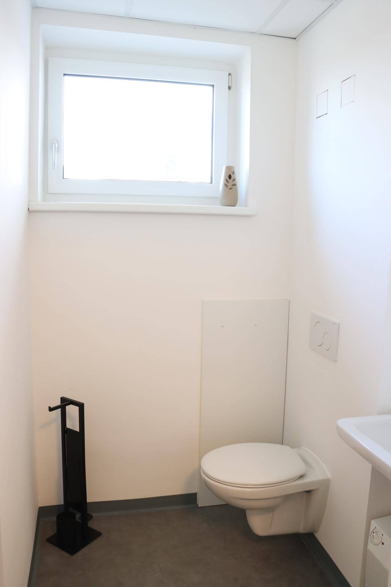 Saubere Toilette mit Fenster, Wand-WC und dunklem Boden in einem hellen, funktionalen Raum.