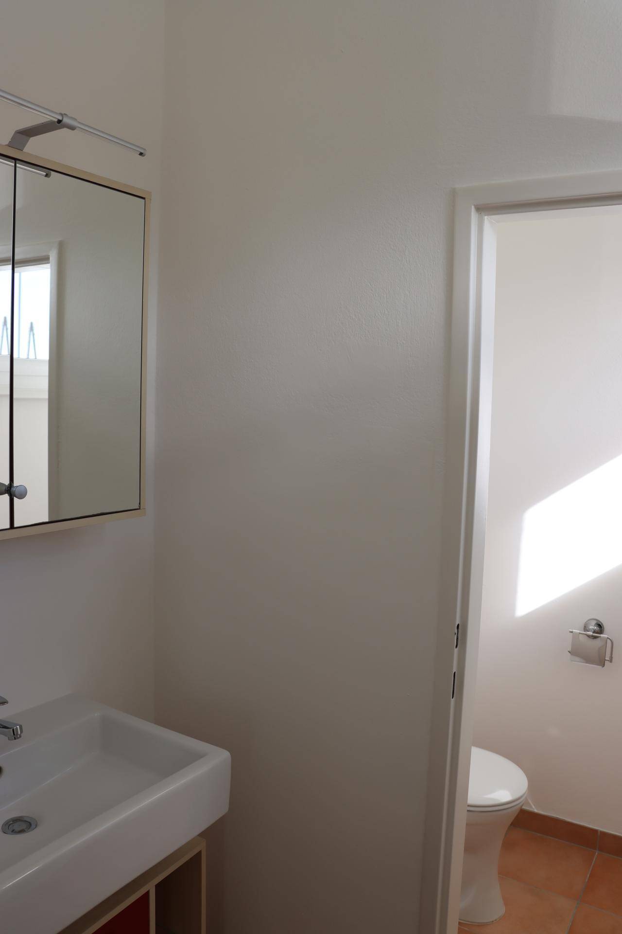 Badezimmer mit Waschbecken, Spiegelschrank und Blick in einen separaten Toilettenbereich.