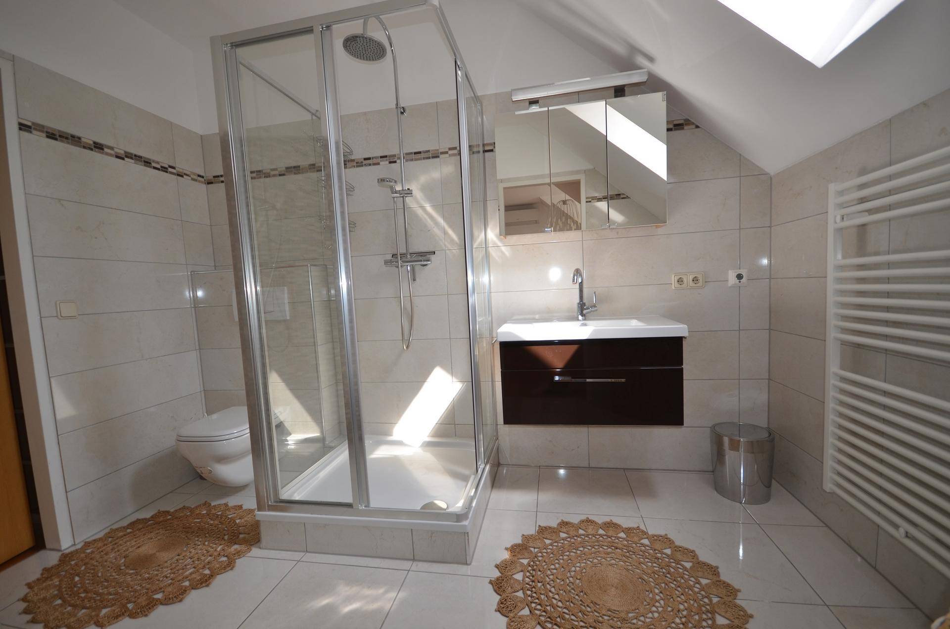 Modernes Badezimmer mit Duschkabine, WC, Waschbecken, Handtuchheizkörper und Dachfenster.