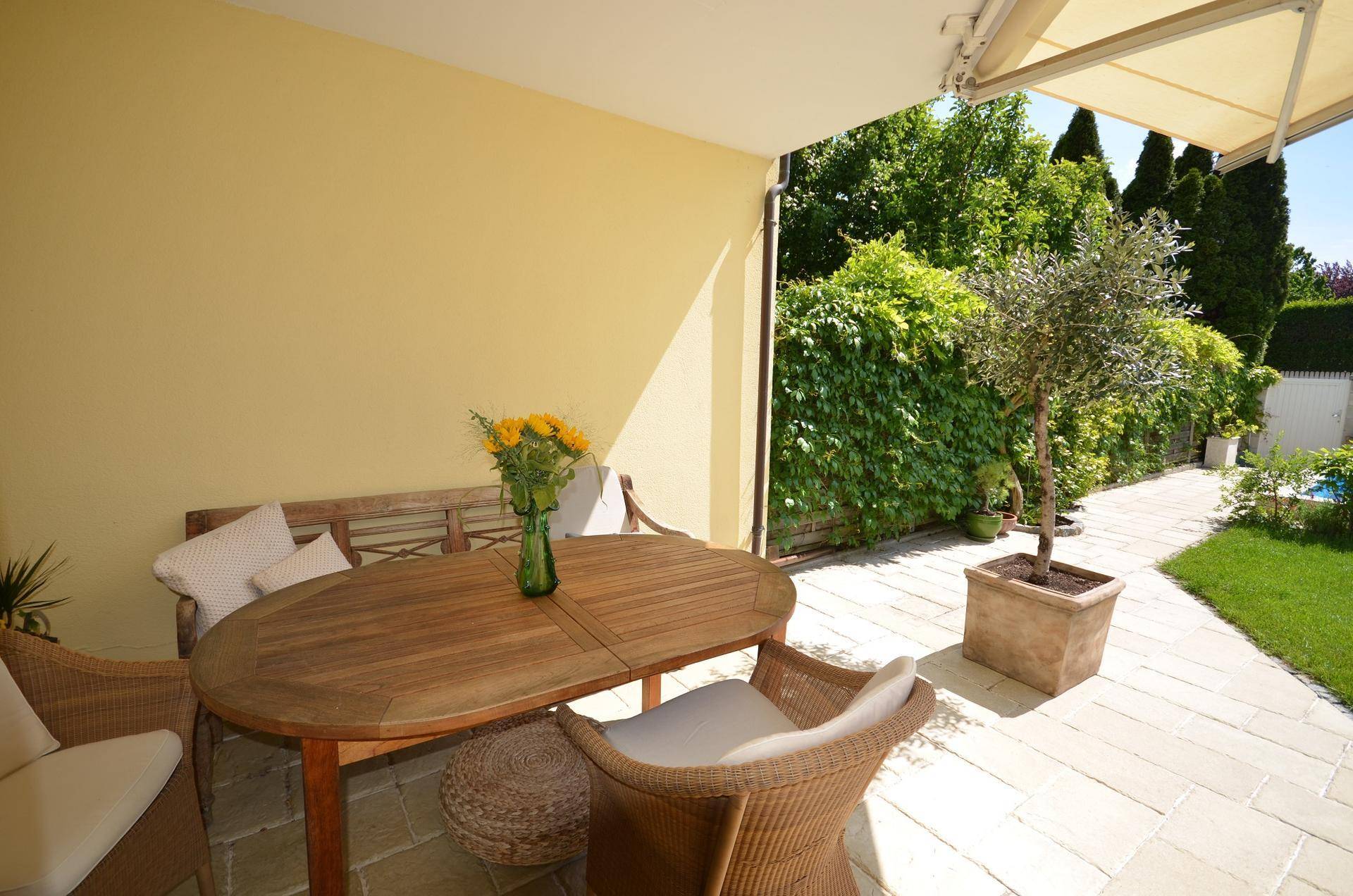 Sonnige Terrasse mit Gartenmöbeln, Olivenbaum und Blick auf den Poolbereich.