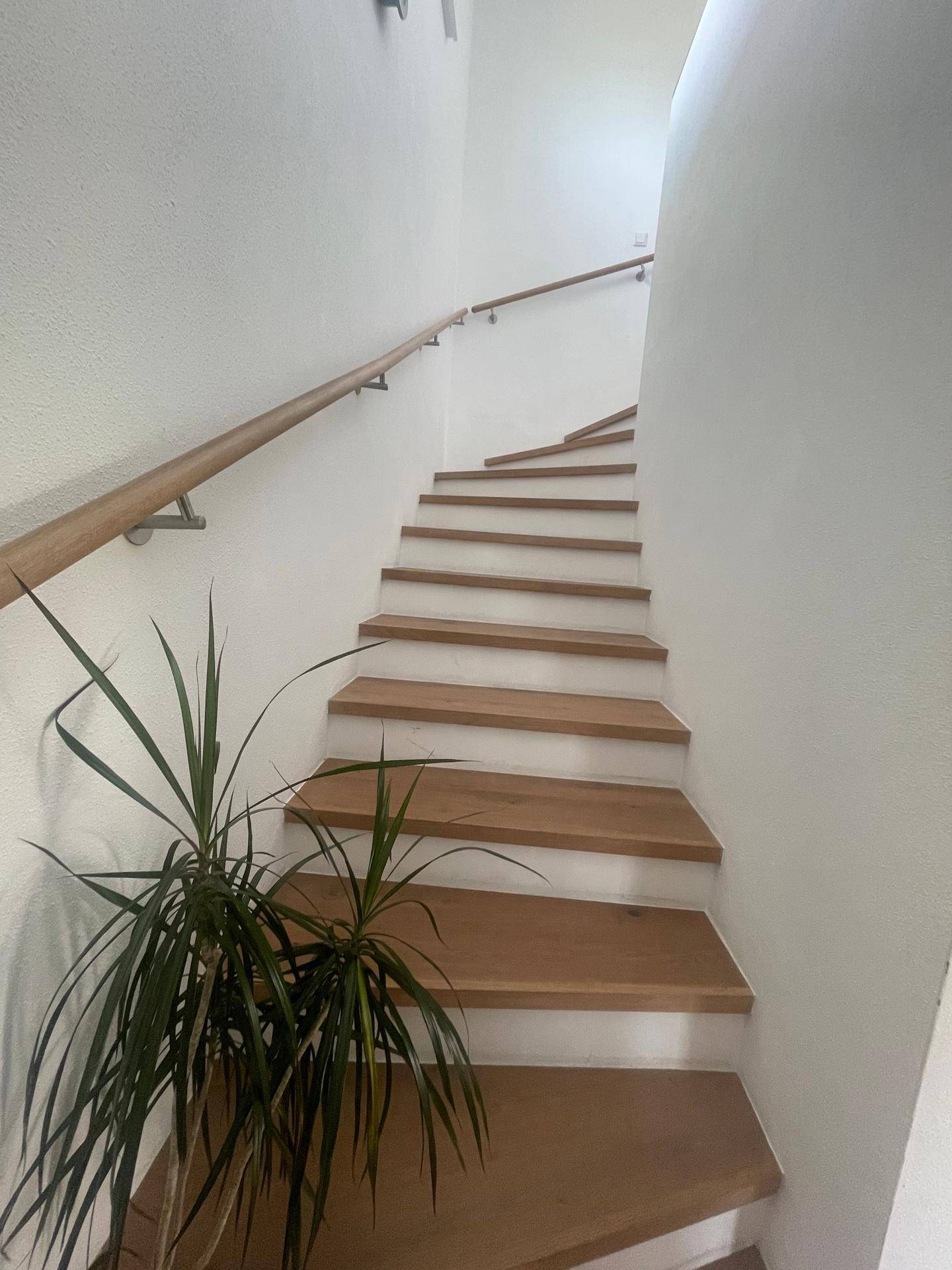 Helle Holztreppe mit weiß gestrichenen Wänden und natürlichem Lichteinfall.