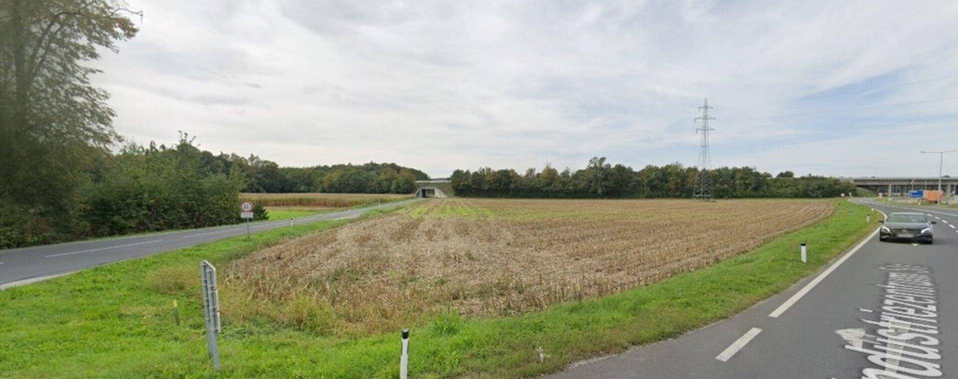 Landschaftliche Ansicht mit einem Feld, einer Straße und einem Waldstreifen unter bewölktem Himmel.