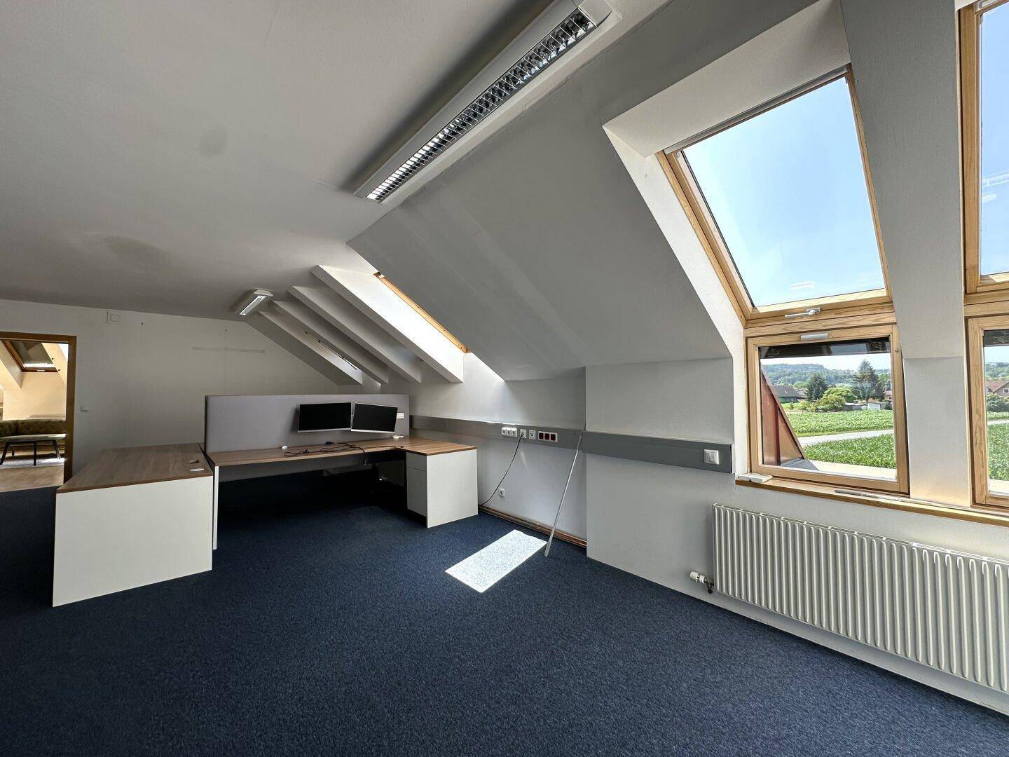 Modernes Büro im Dachgeschoss mit Teppichboden, Dachfenstern und Blick auf die Landschaft.