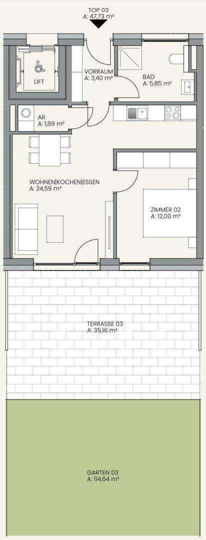 Grundriss einer Wohnung mit offenem Wohnbereich, Schlafzimmer, Bad, Terrasse und Garten.
