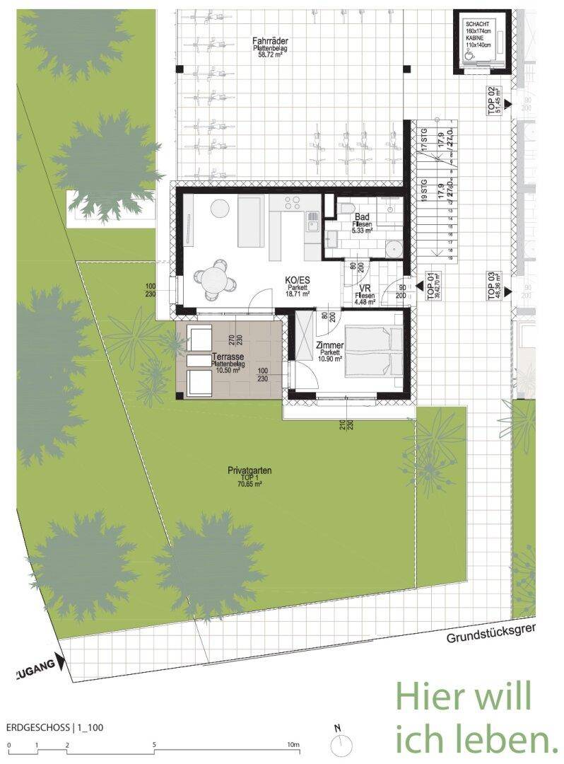 Grundriss einer Erdgeschosswohnung mit offener Wohnküche, Schlafzimmer, Bad und privatem Garten.