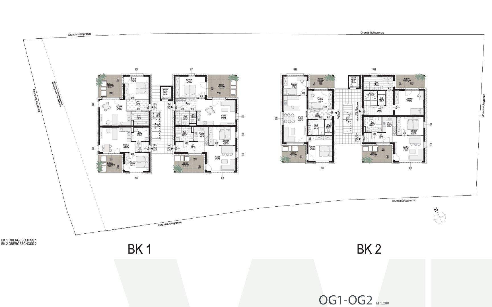 Gesamtgrundriss der Gebäude BK1 und BK2 mit Layouts des ersten und zweiten Obergeschosses der Apartments.