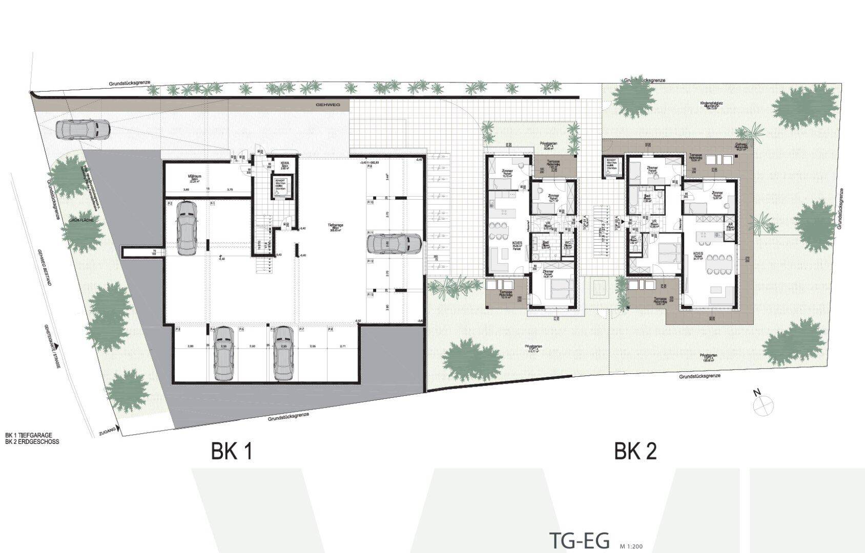 Gesamtgrundriss der Gebäude BK1 und BK2 mit Tiefgarage und Erdgeschossaufteilung der Wohneinheiten.