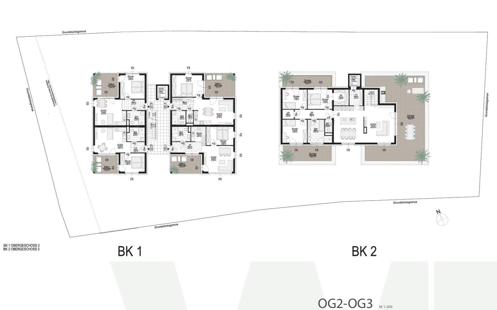 Gesamtgrundriss der Gebäude BK1 und BK2 mit Layouts des zweiten und dritten Obergeschosses, inklusive Penthouse-Grundriss.