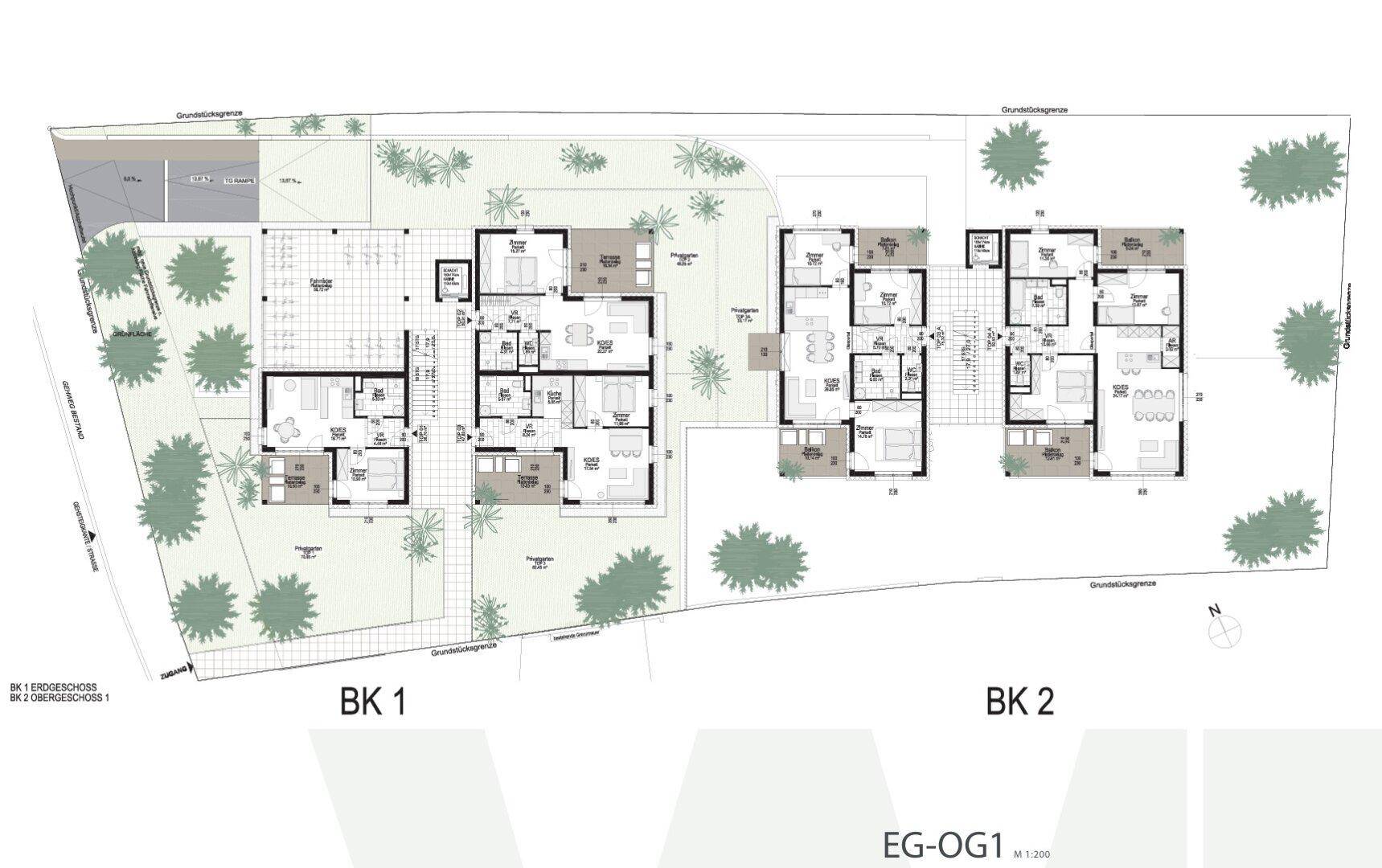 Gesamtgrundriss der Gebäude BK1 und BK2 mit Erdgeschoss- und erstem Obergeschoss-Layout der Wohnungen.