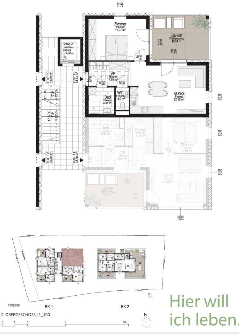 Detaillierter Grundriss einer Wohnung mit Balkon und separatem WC.
