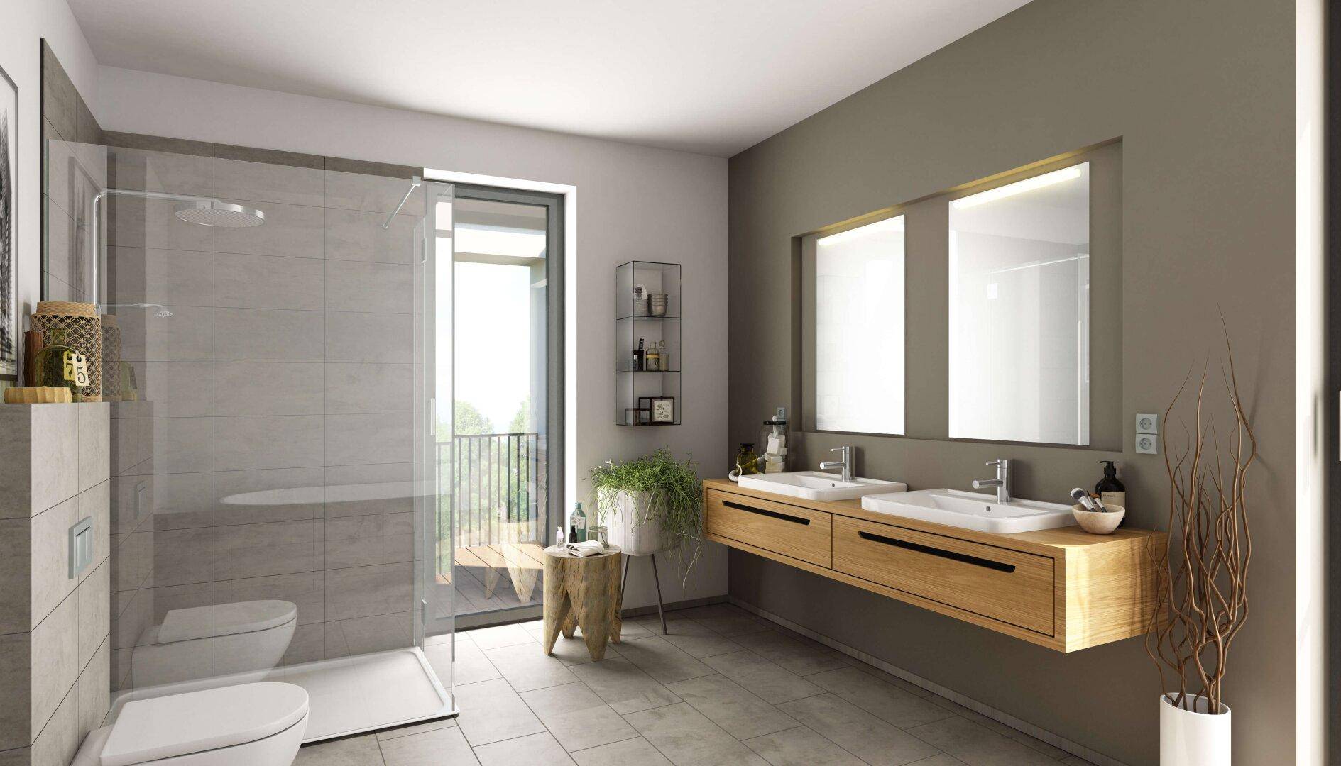 Modernes Badezimmer mit Doppelwaschbecken, begehbarer Dusche und Zugang zum Balkon.