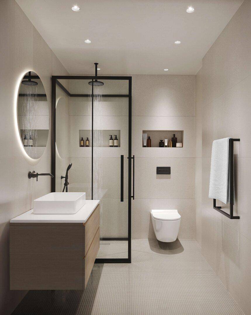 Elegantes Badezimmer mit moderner Dusche, beleuchtetem Spiegel und Wand-WC.