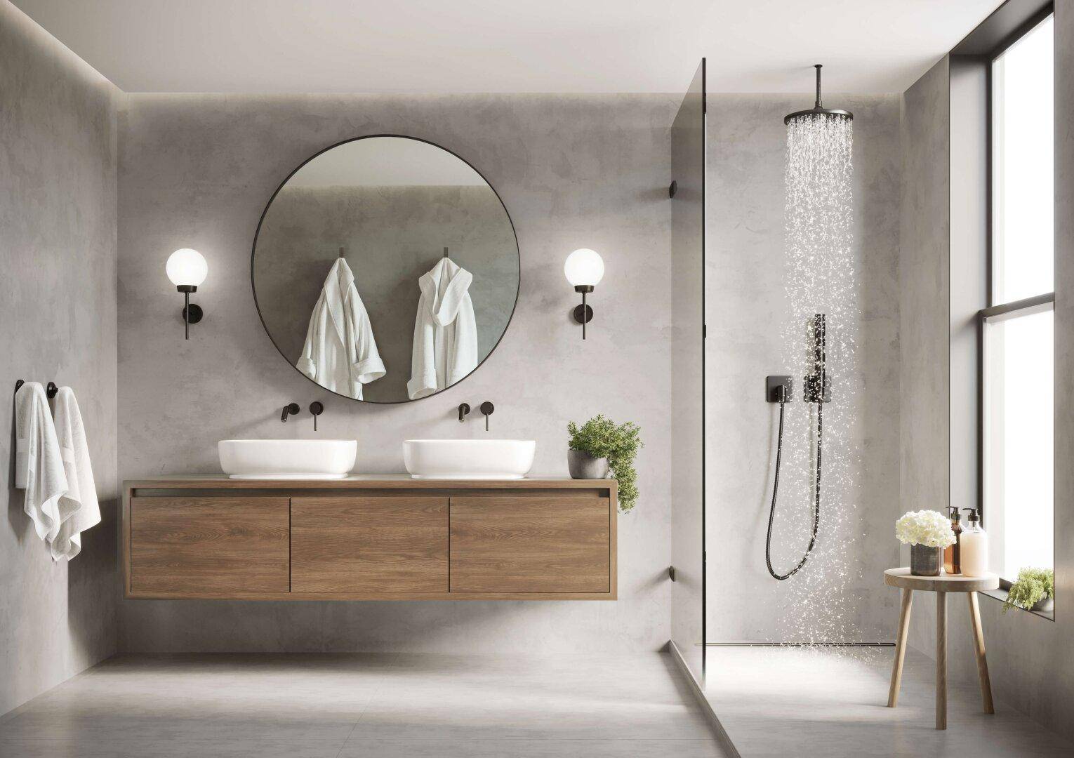 Modernes Badezimmer mit Doppelwaschbecken, schwebendem Waschtisch und großer Regendusche.