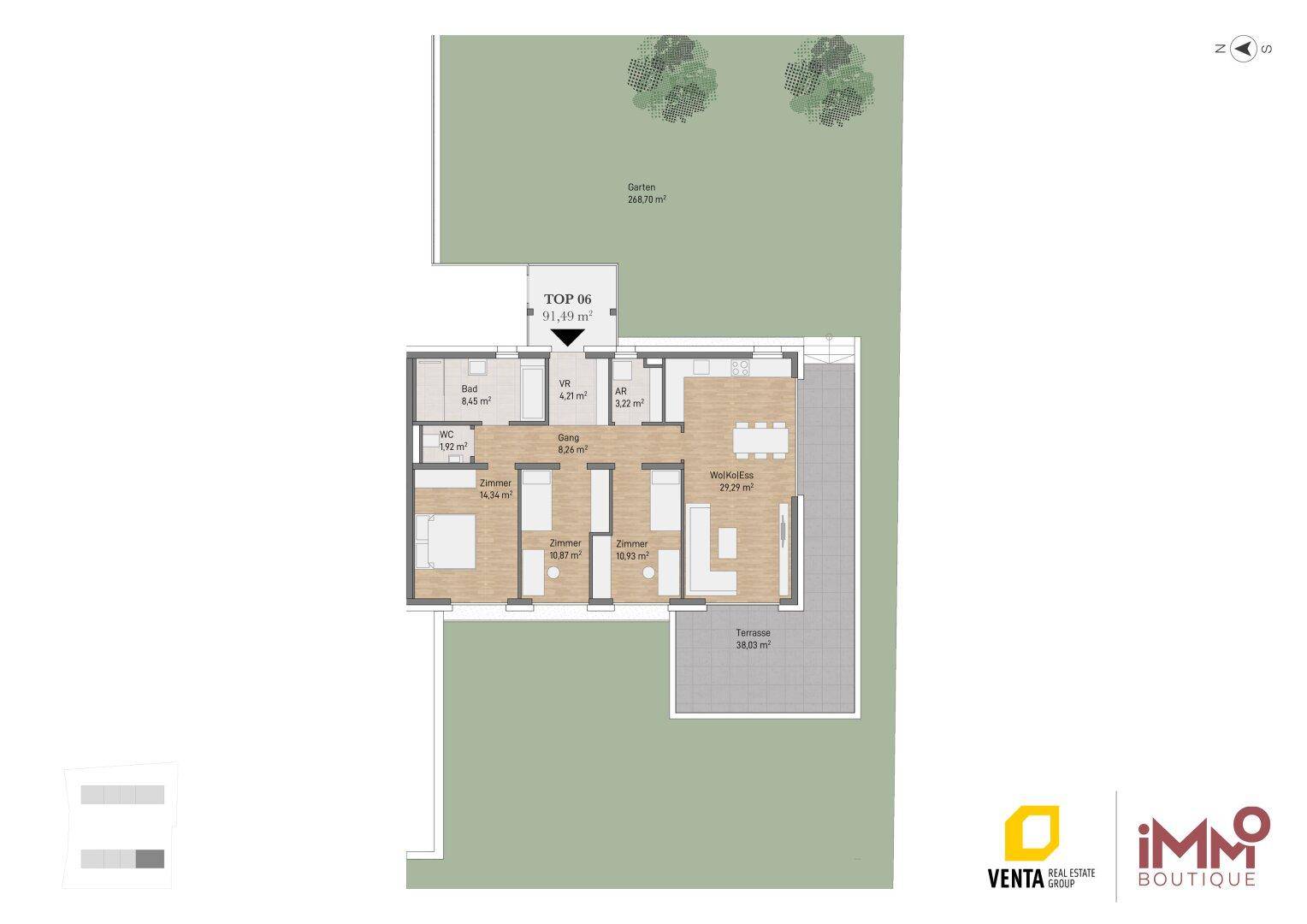 Detaillierter Grundriss einer Wohnung mit Terrasse und privatem Gartenbereich.