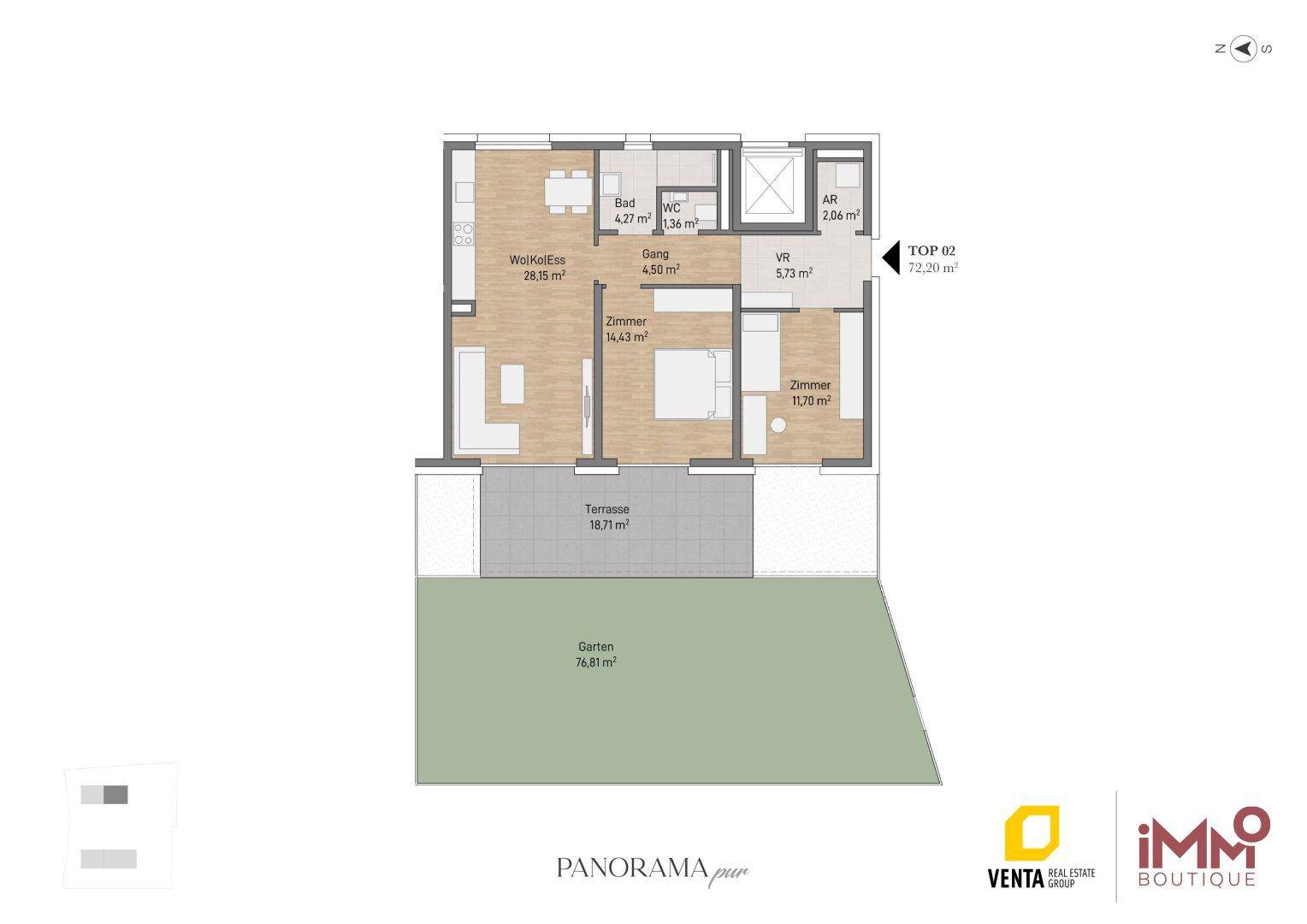 Grundriss der Wohnung Top 02 im Erdgeschoss mit offener Wohnküche, Terrasse und Garten.