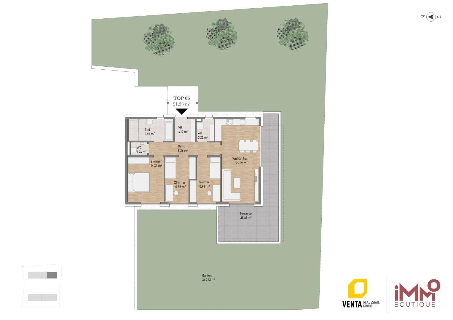 Grundriss der Wohneinheit Top 06 mit offenem Wohnbereich, Terrasse und privatem Garten.
