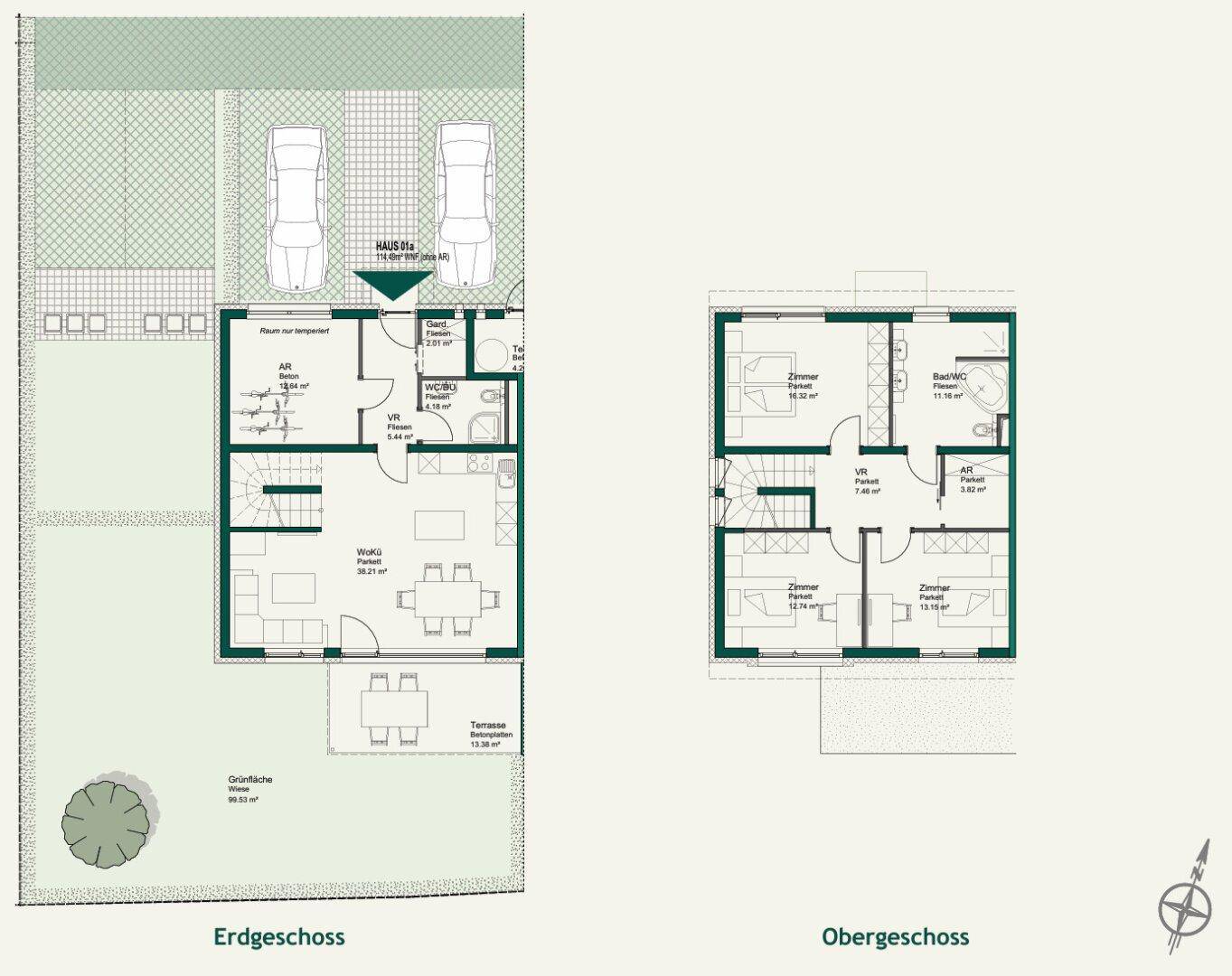 Detaillierter Grundrissplan eines Reihenhauses mit Erdgeschoss und Obergeschoss, inklusive Garten und Parkplatz.