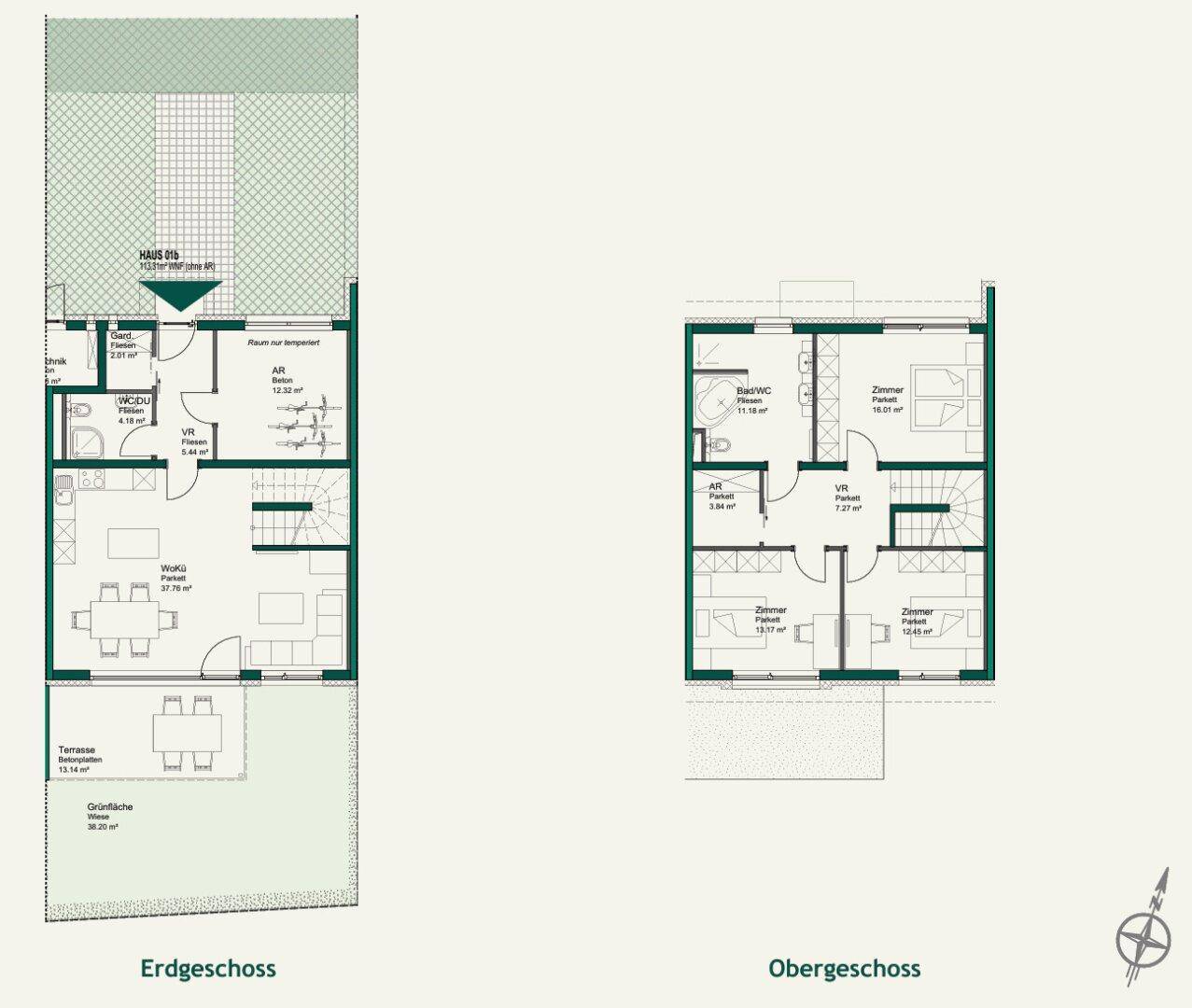 Detaillierter Grundriss eines Reihenhauses mit Erdgeschoss und Obergeschoss.